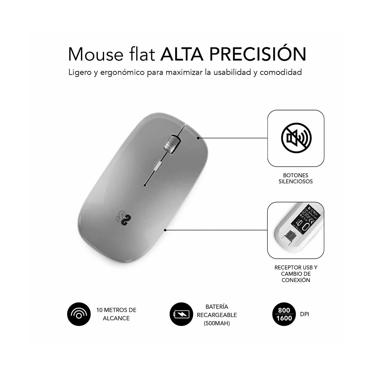 Szara płaska mysz z ikonami cichych przycisków, odbiornika USB i żywotności baterii.