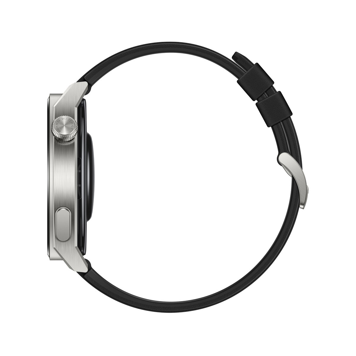 Silberne Smartwatch mit schwarzem Armband, Seitenansicht. Zeigt die Seitentaste und das Design des Armbands.