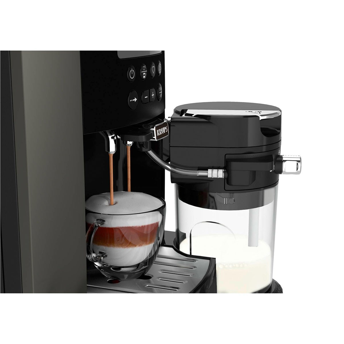 Macchina da caffè nera e grigia che eroga caffè in una tazza di vetro con schiuma di latte.
