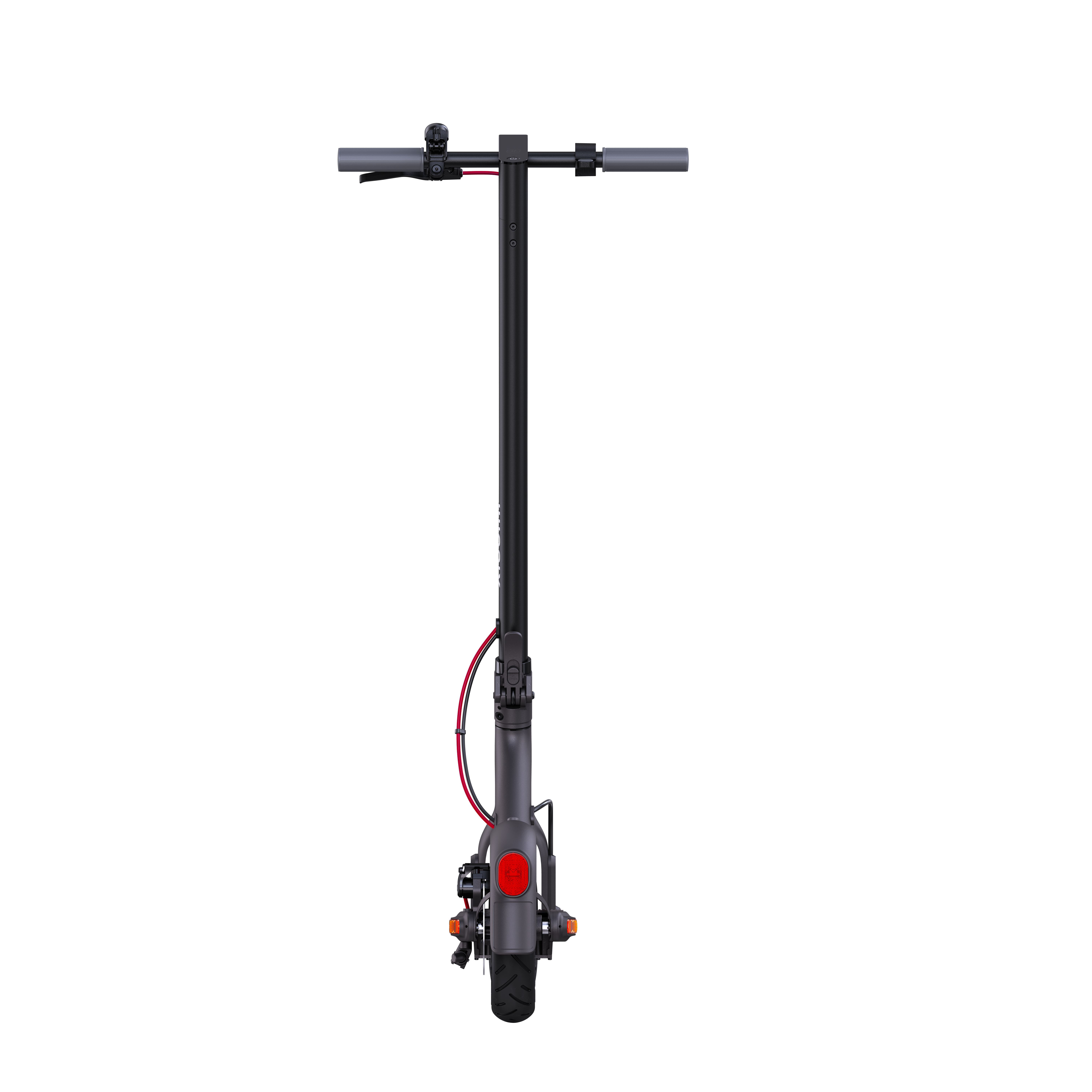 Un primer plano de un scooter eléctrico negro desde la parte trasera.