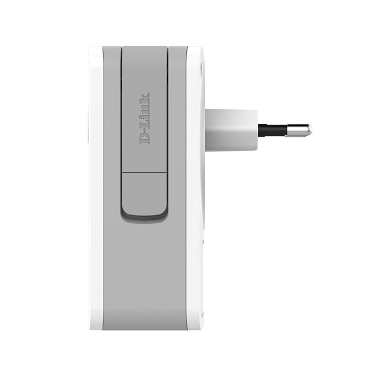 Widok z boku białej i szarej przejściówki D-Link z wystającą wtyczką na białym tle.