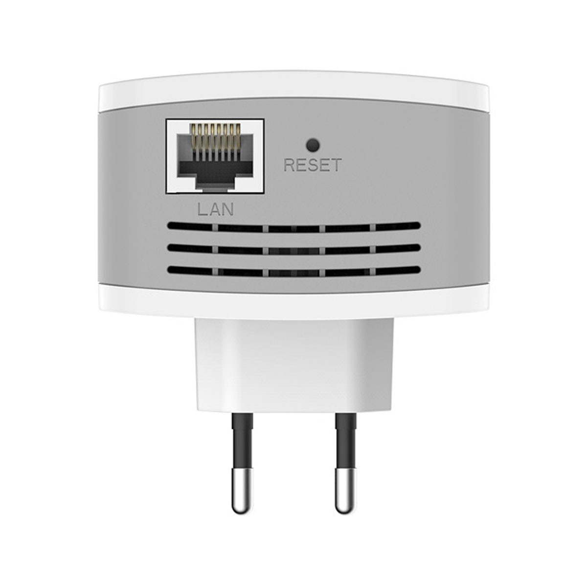 Biało-szara wtyczka ścienna z portem LAN i przyciskiem resetowania. Ma dwa bolce.