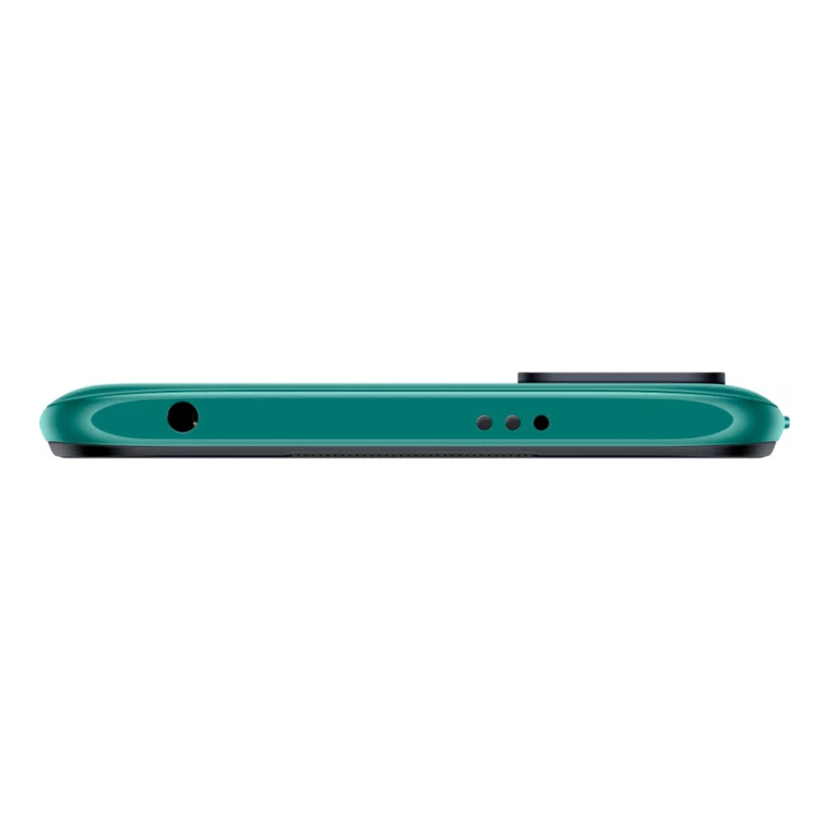 El borde inferior de un teléfono inteligente verde, que muestra el puerto de carga, micrófono y altavoz.