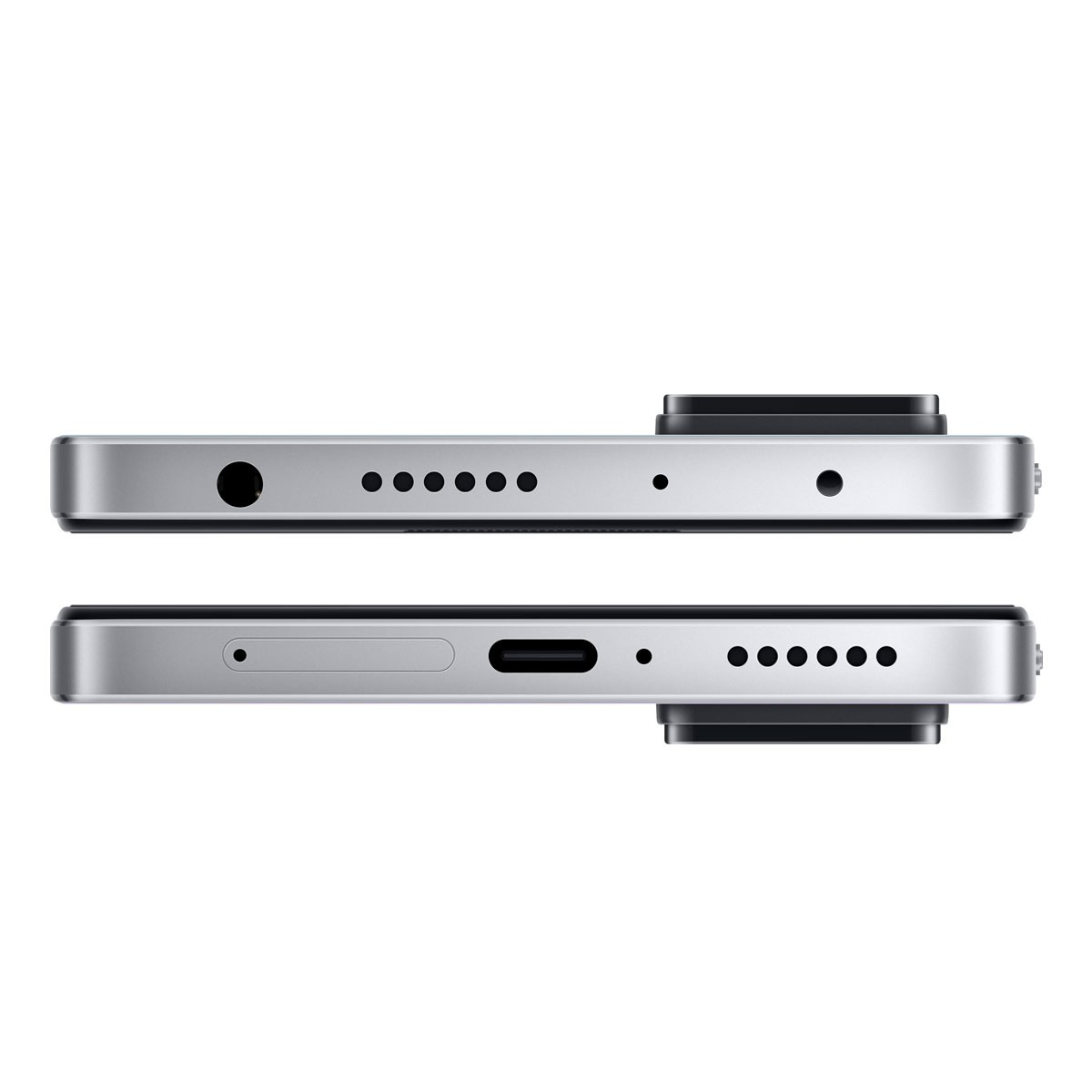 Dwa boki srebrnego smartfona, pokazujące porty i głośniki.