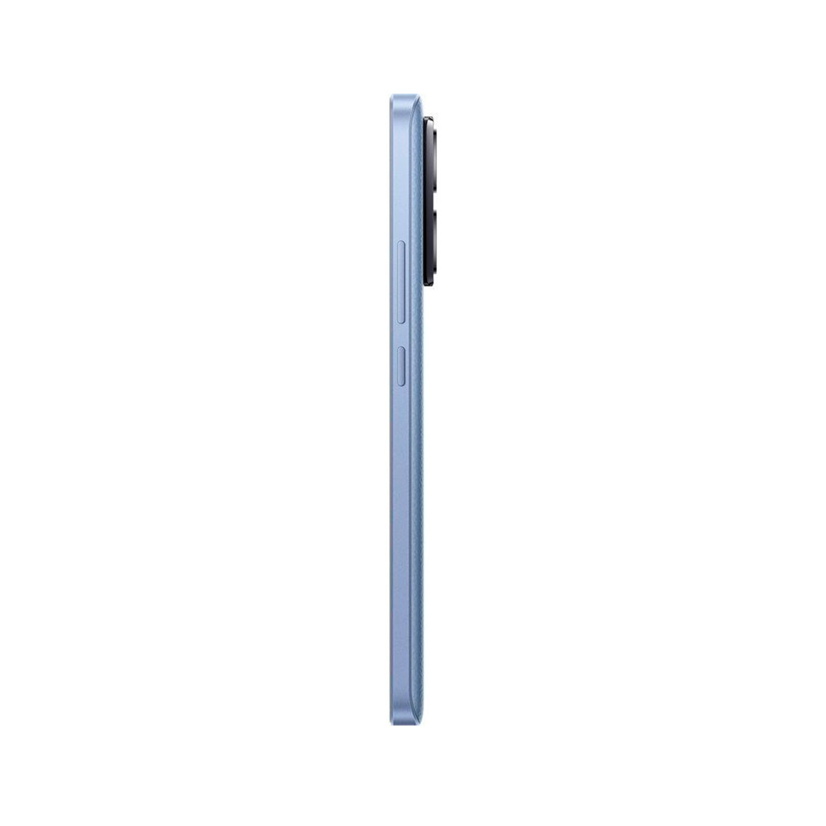 Een teal smartphone, zijaanzicht. De telefoon is dun en heeft een camera aan de zijkant.