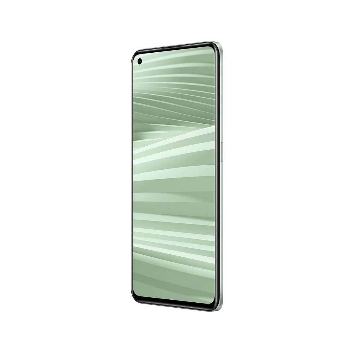 Grünes Smartphone von der Seite betrachtet, mit schlankem Design und einem Bildschirm, der grüne Linien zeigt.