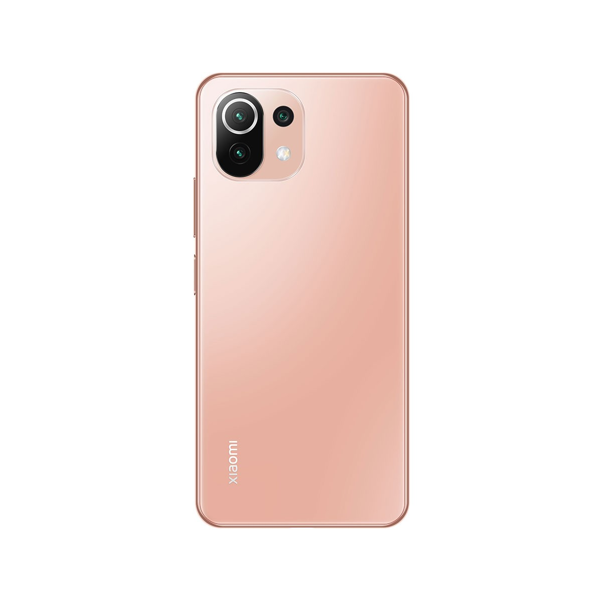 Rückseite eines roségoldenen Telefons mit Dreifachkamera oben links. Das Xiaomi-Logo befindet sich unten.
