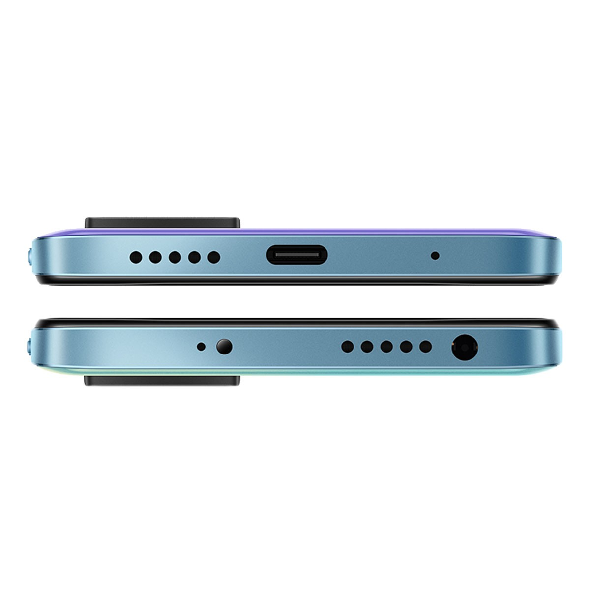 Zwei tealfarbene Smartphones, Unteransichten, zeigen Anschlüsse und Löcher, auf Weiß.