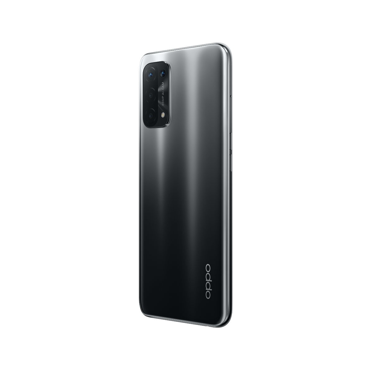 Smartphone noir et gris avec bosse pour caméra, logo Oppo et finition brillante.
