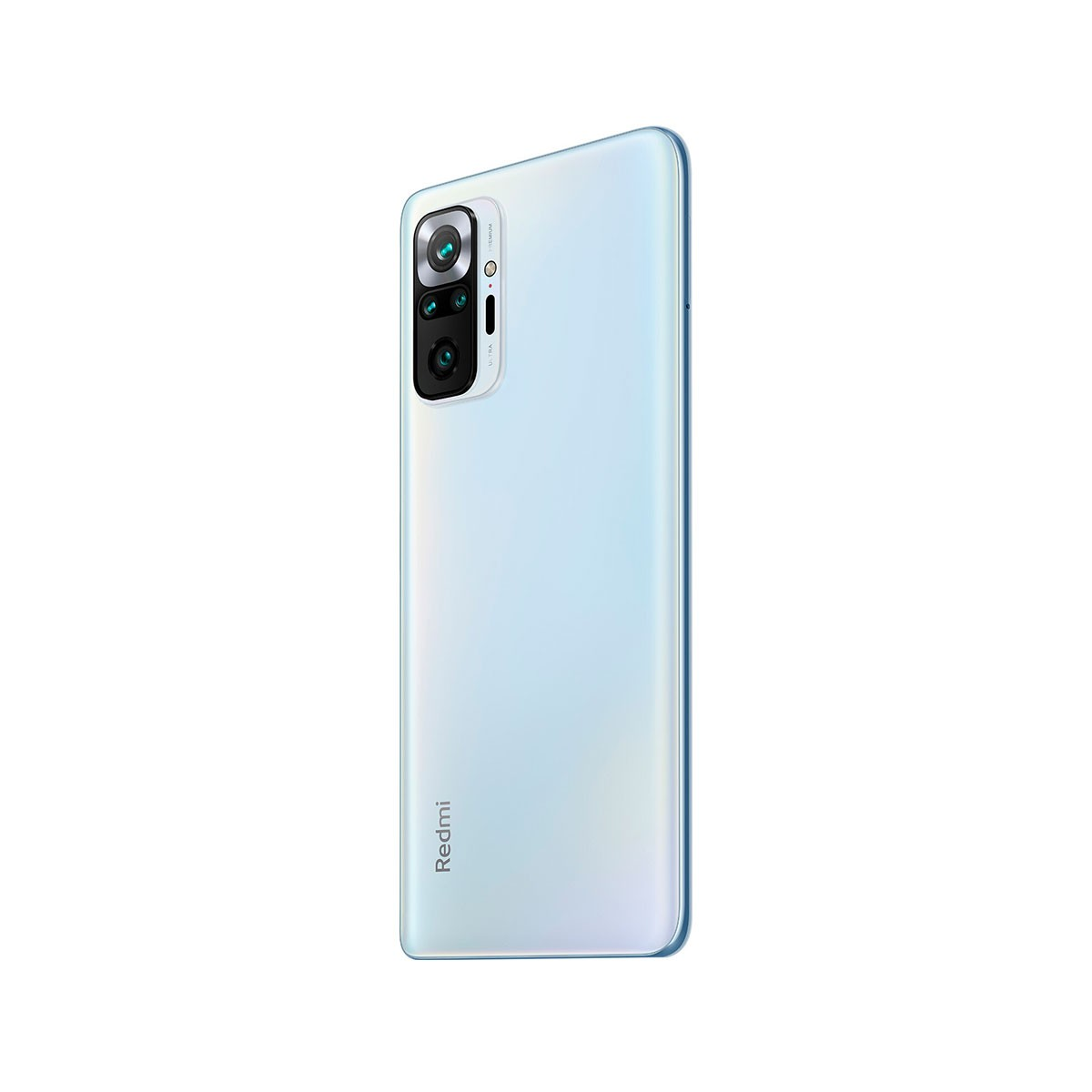 Biały smartfon z konfiguracją wielu kamer na białym tle. Widoczna marka Redmi.