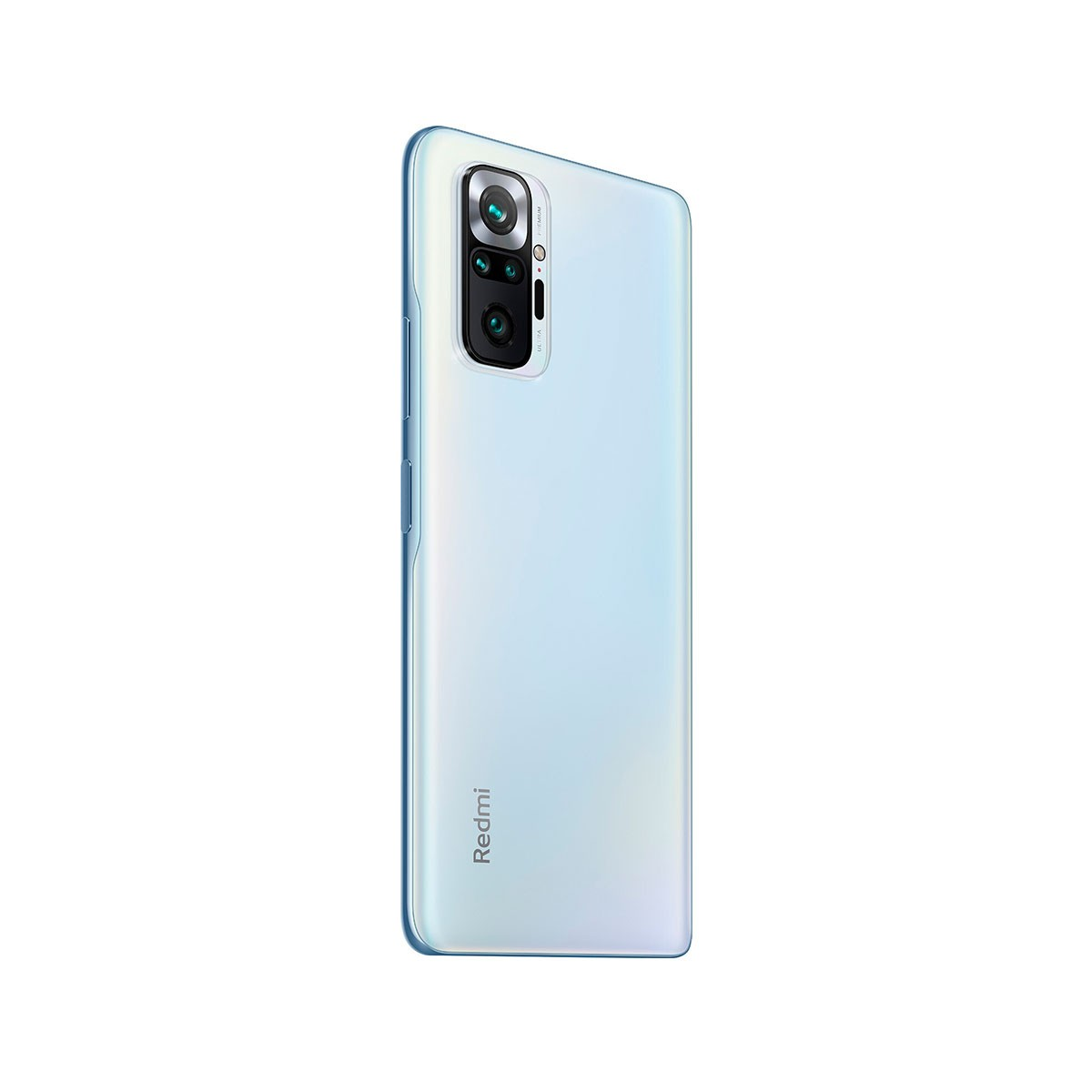 Biały smartfon, widok z tyłu. Potrójny aparat u góry po lewej. Logo Redmi na dole.