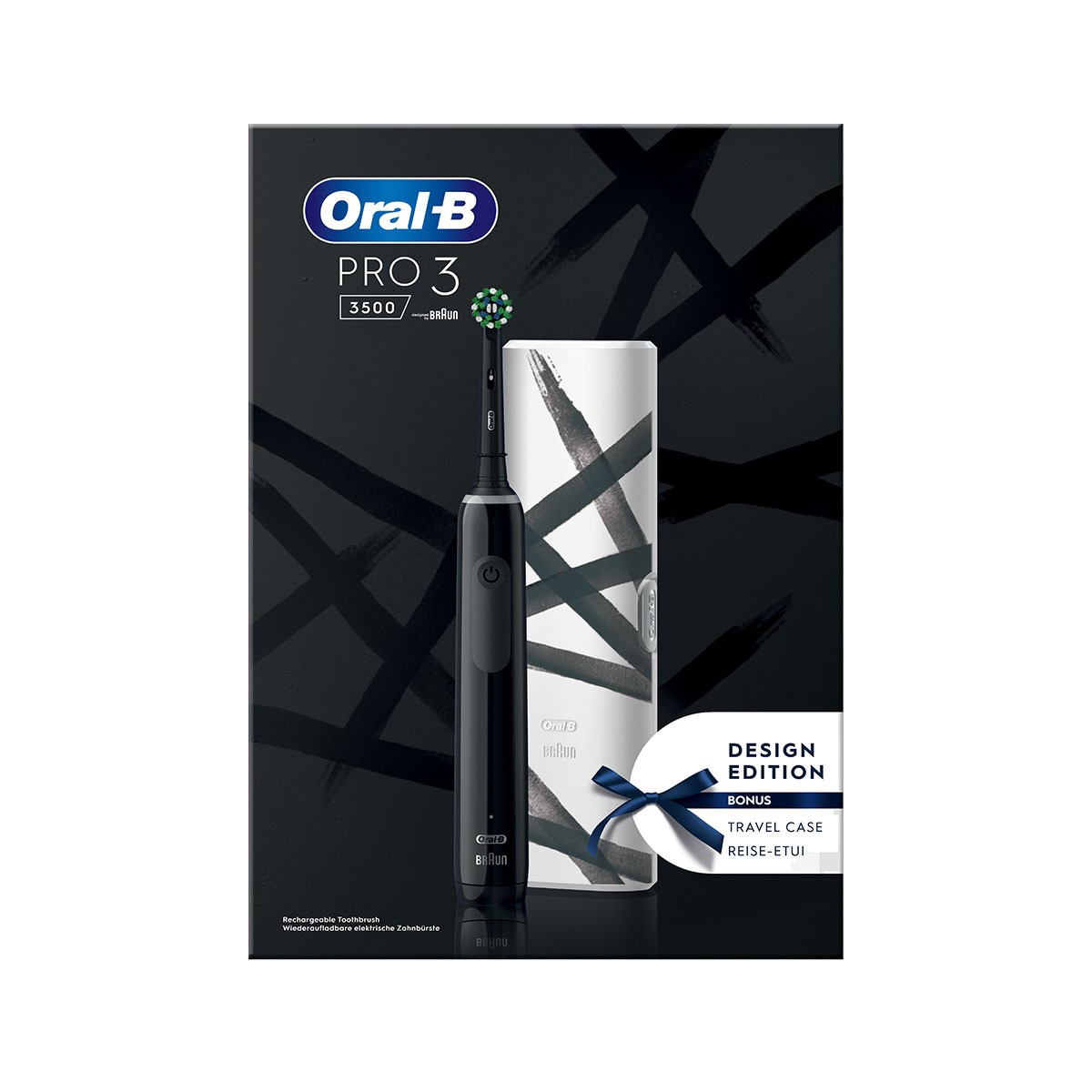 Schwarze elektrische Zahnbürste Oral-B Pro 3 in einer Box mit Reiseetui.