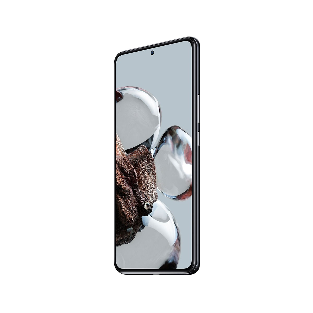 A phone with a black frame and a screen showing an abstract water-like design.