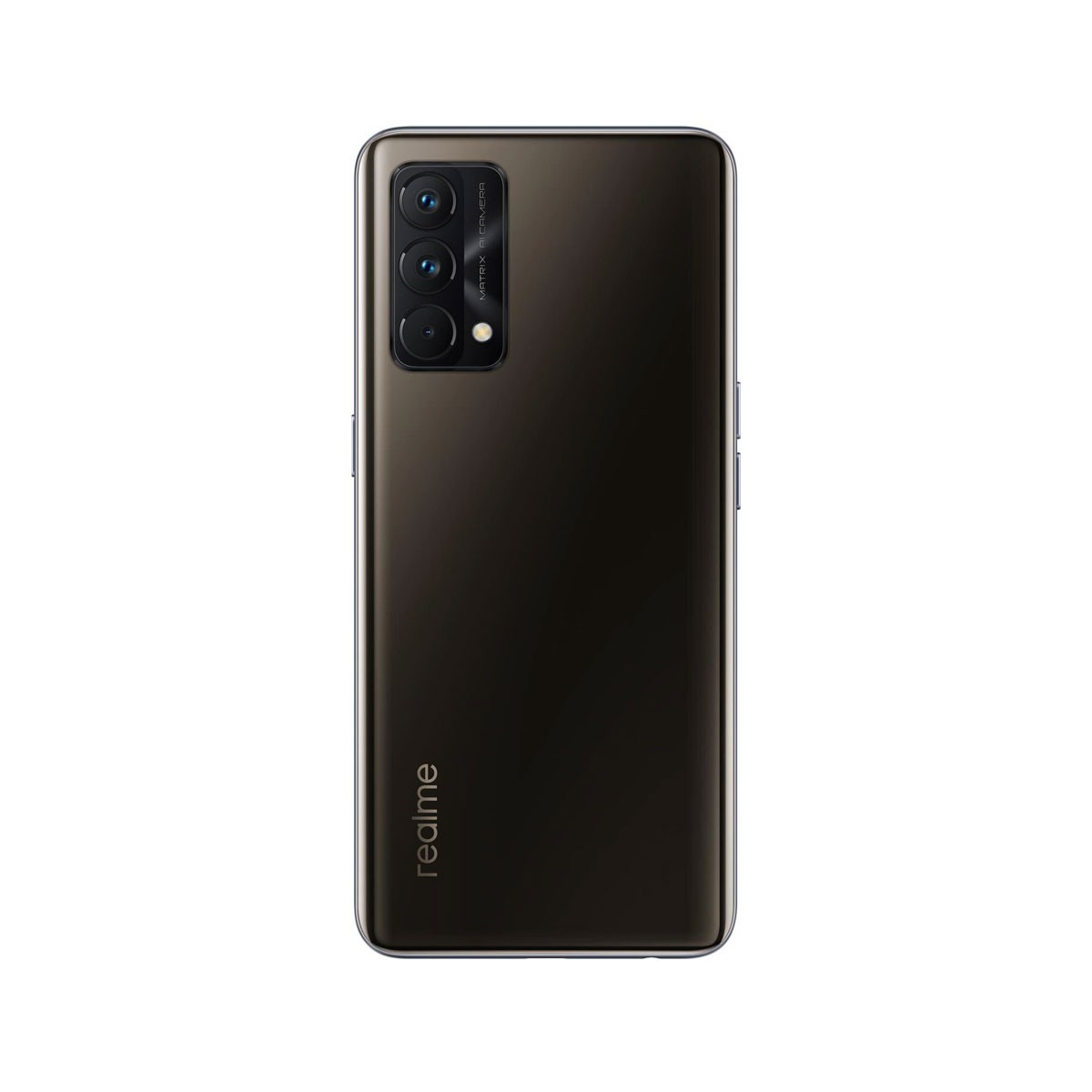 Tył czarnego smartfona z trzema aparatami i logo Realme.