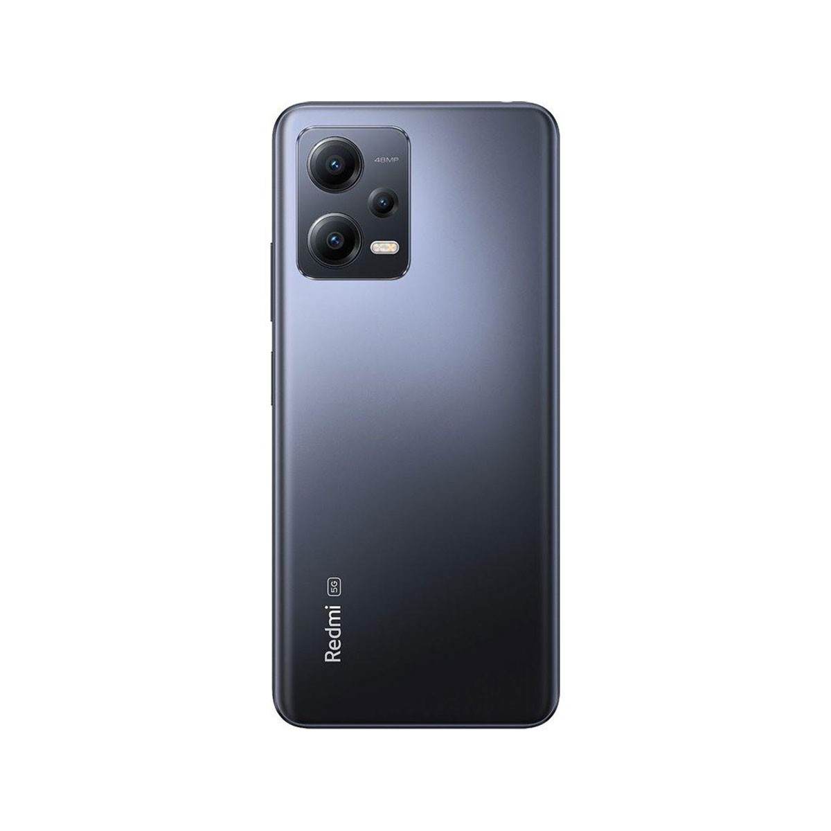 Dunkelgraue Smartphone-Rückseite. Zwei Kameras mit Blitz, Redmi 5G-Logo unten, isoliert auf Weiß.