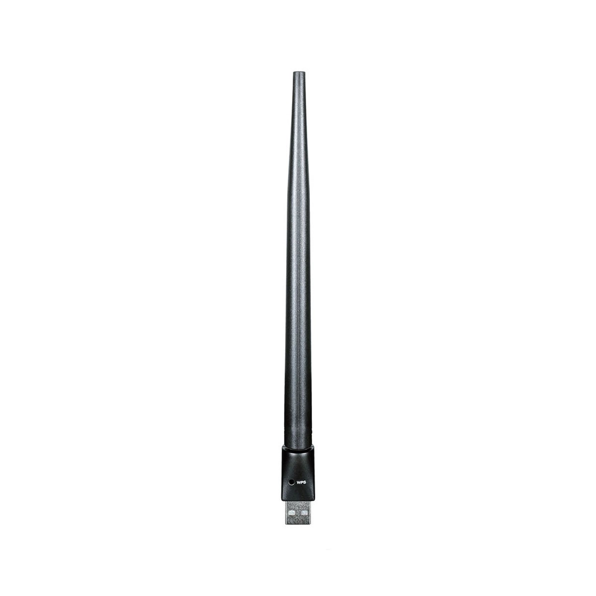 Una antena WiFi USB larga y negra se muestra sobre un fondo blanco.
