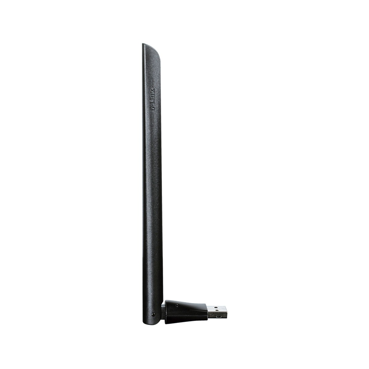 Antena Wi-Fi USB negra. Es recta con un conector USB en la base. Fondo blanco.