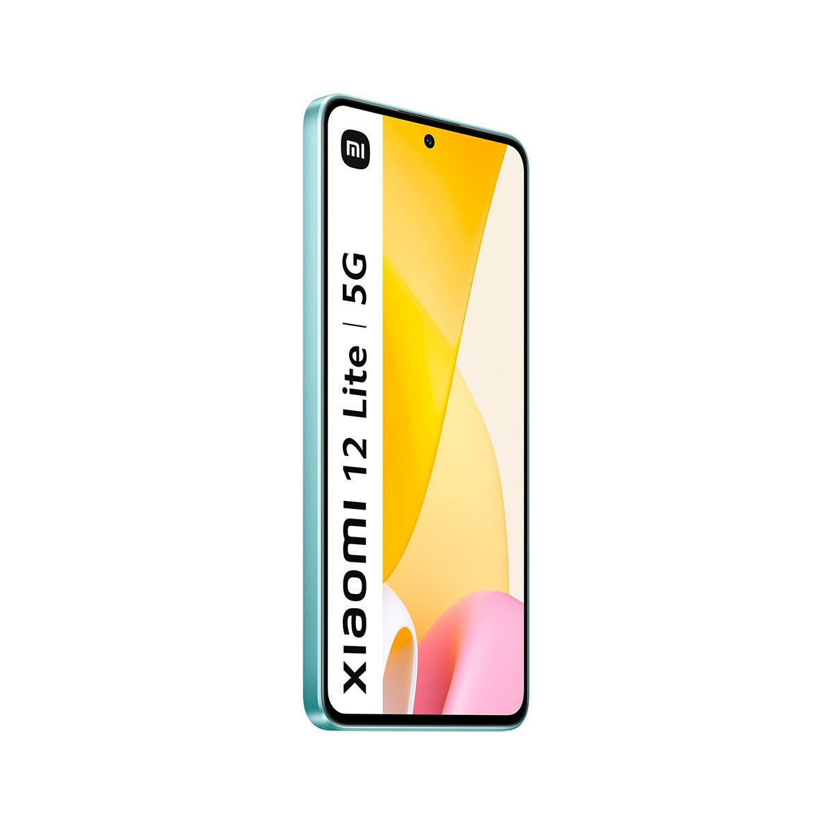 Turkusowy telefon Xiaomi z ekranem z białym i żółtym wzorem, etykieta 5G.