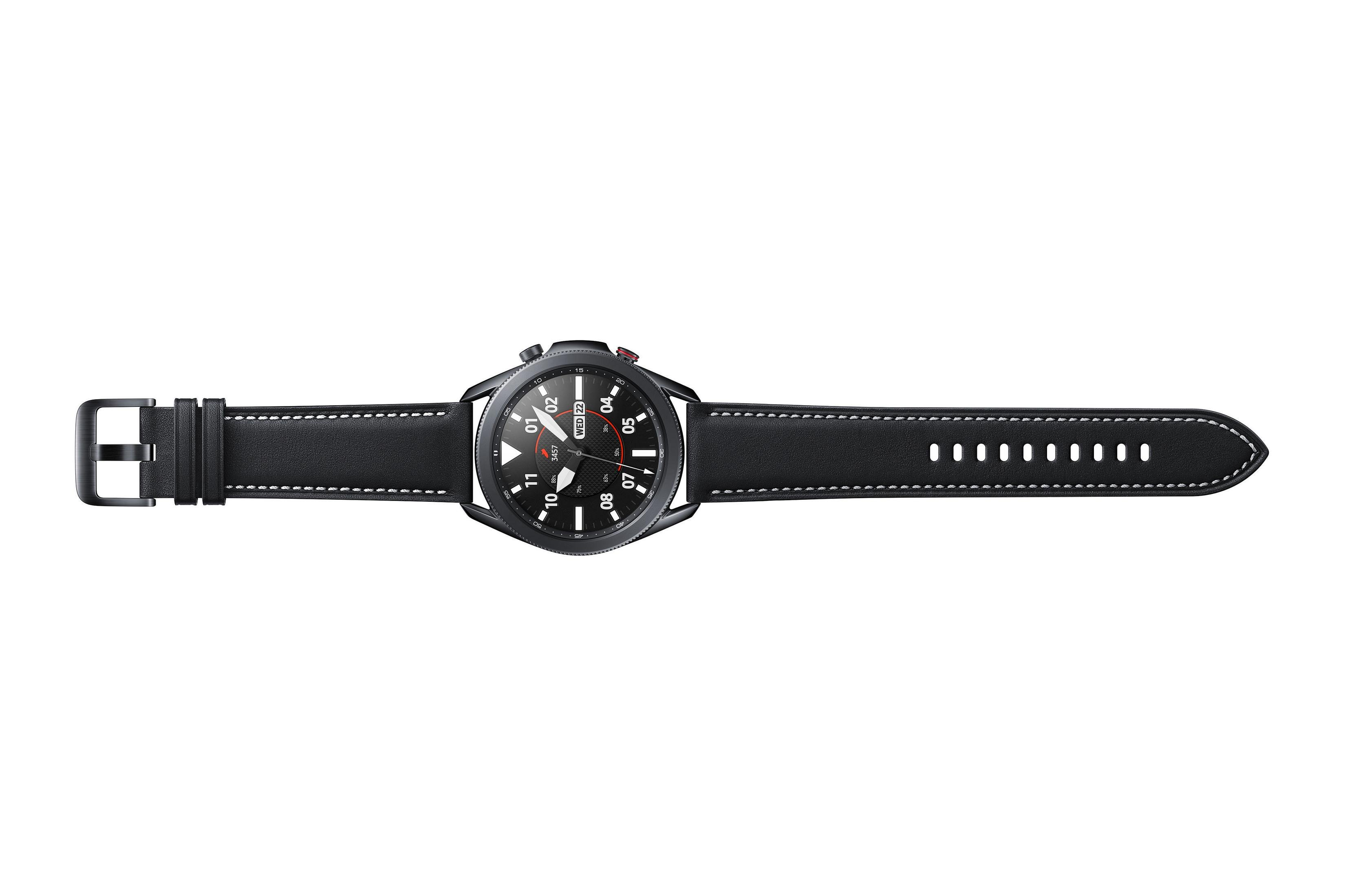 Smartwatch nero con cinturino in pelle nera. L'orologio mostra l'ora e ha una chiusura a fibbia.