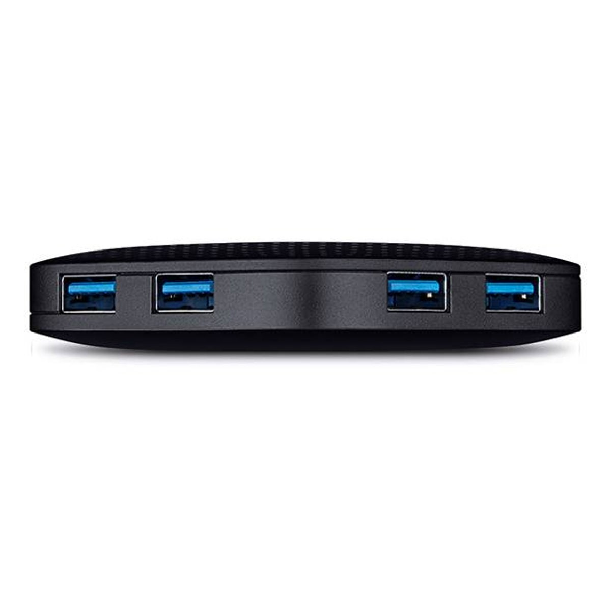 Schwarzer USB-Hub mit vier blauen USB-Anschlüssen. Der Hub befindet sich auf weißer Oberfläche.