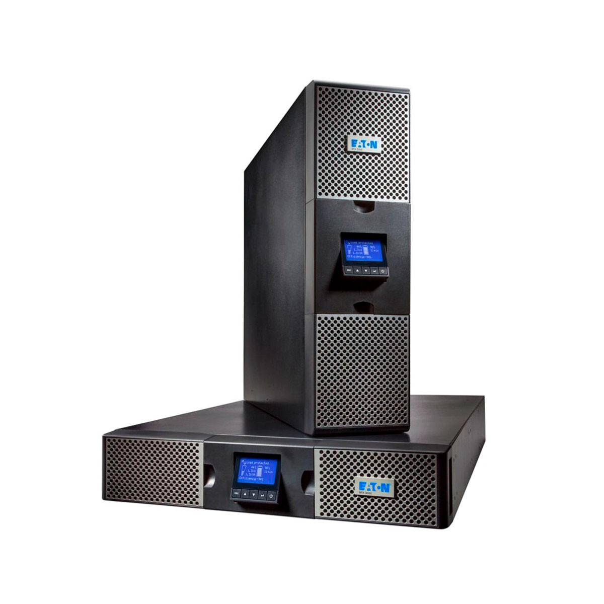 Dos unidades UPS Eaton negras, una de pie, otra tumbada, sobre un fondo blanco.