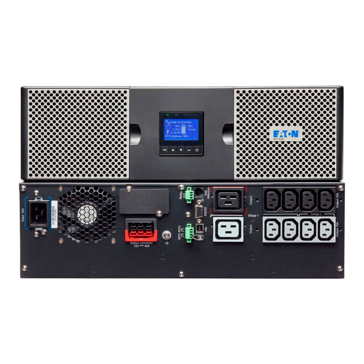 Vista trasera de un gran sistema SAI Eaton, que muestra puertos y un panel de control.