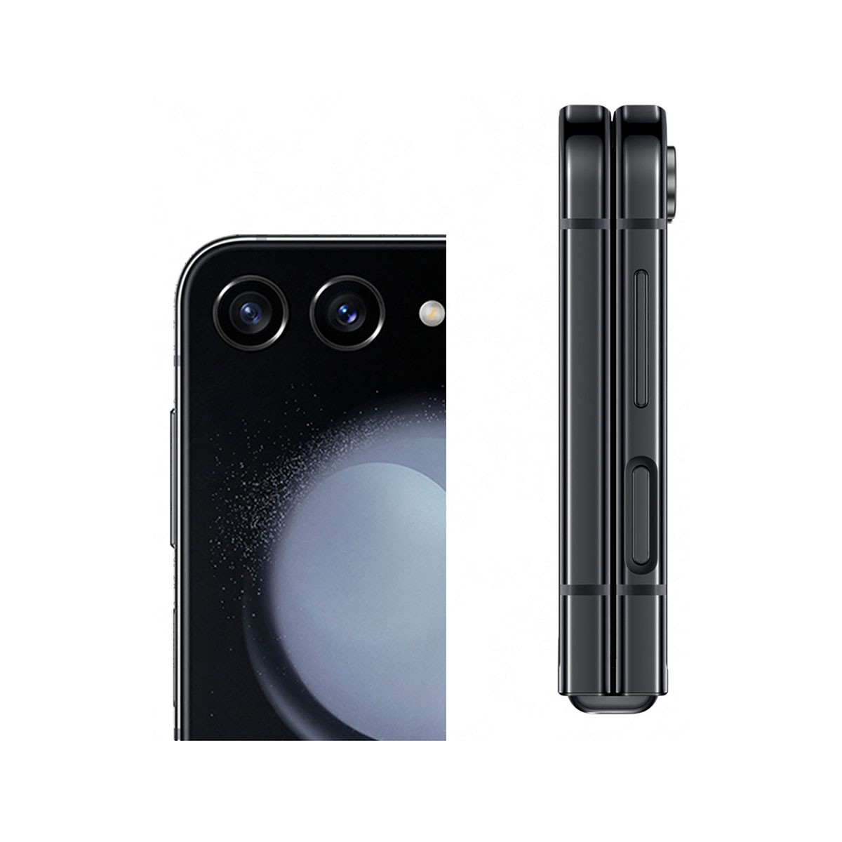 Czarny telefon z boku, pokazujący przyciski, aparat i ramkę.