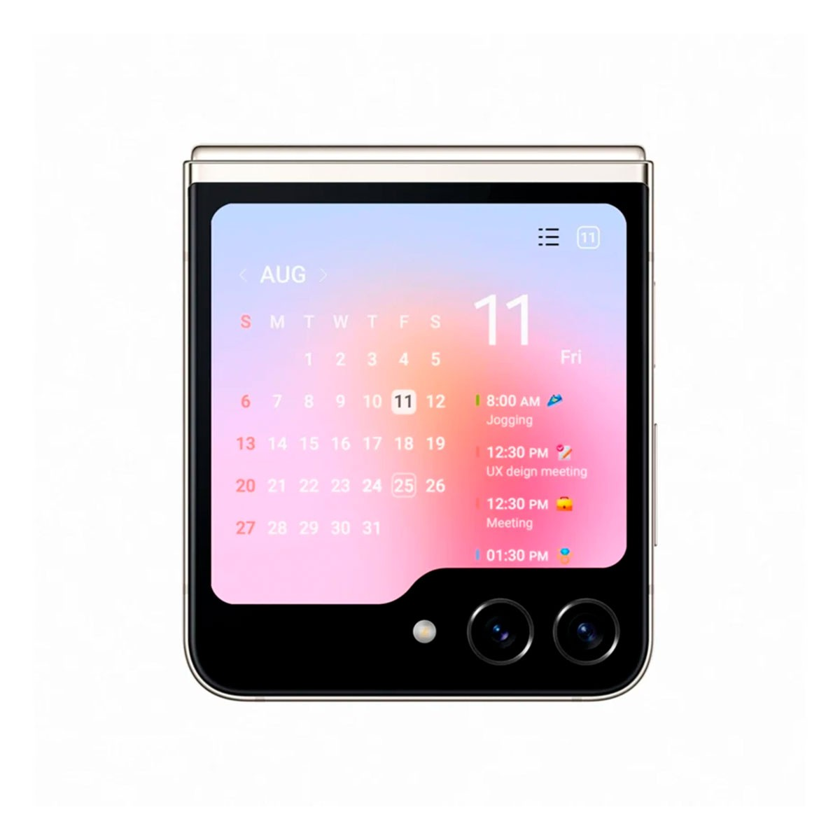 Otwarty telefon składany, wyświetlający kalendarz na 11 sierpnia. Białe tło.