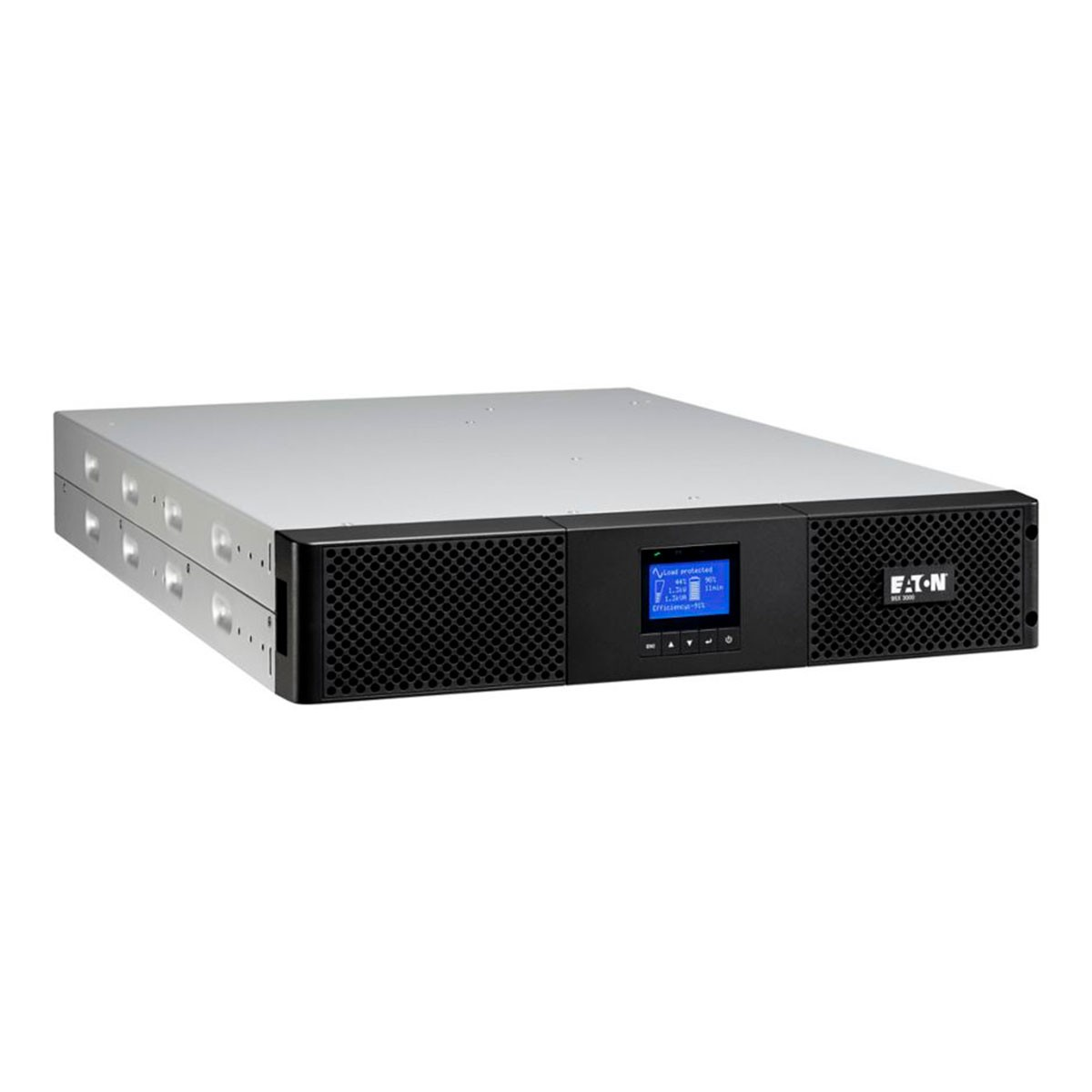 Un dispositivo UPS Eaton negro con una pantalla que muestra información. Fondo negro.