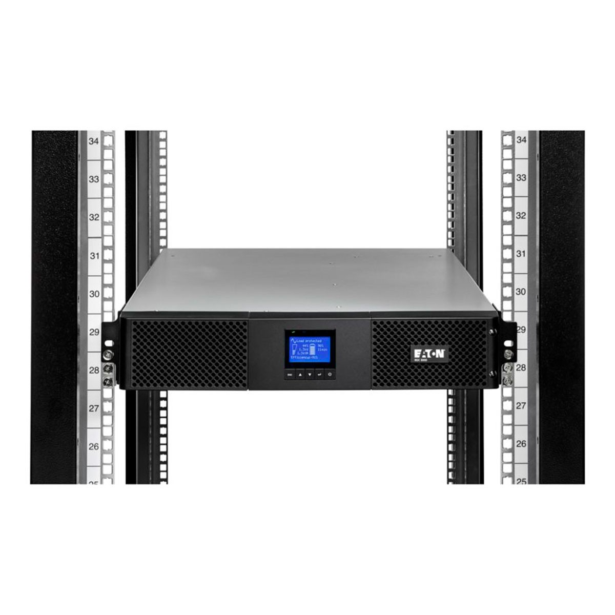 Una unidad de rack de servidor UPS Eaton negra. Está instalada entre dos rieles de rack de servidor negros.