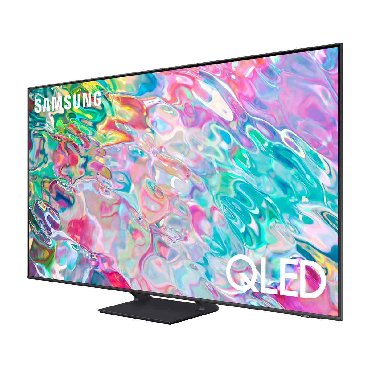Telewizor Samsung QLED z kolorową sztuką abstrakcyjną. Widoczne logo Samsung i QLED.