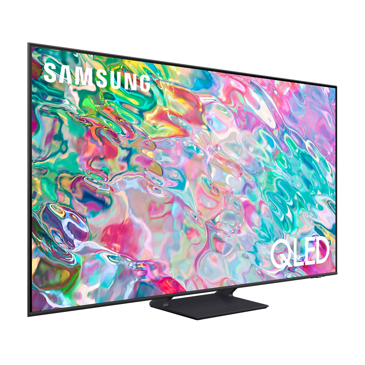 Telewizor Samsung QLED wyświetlający kolorowy obraz abstrakcyjny na czarnej podstawie, białe tło.