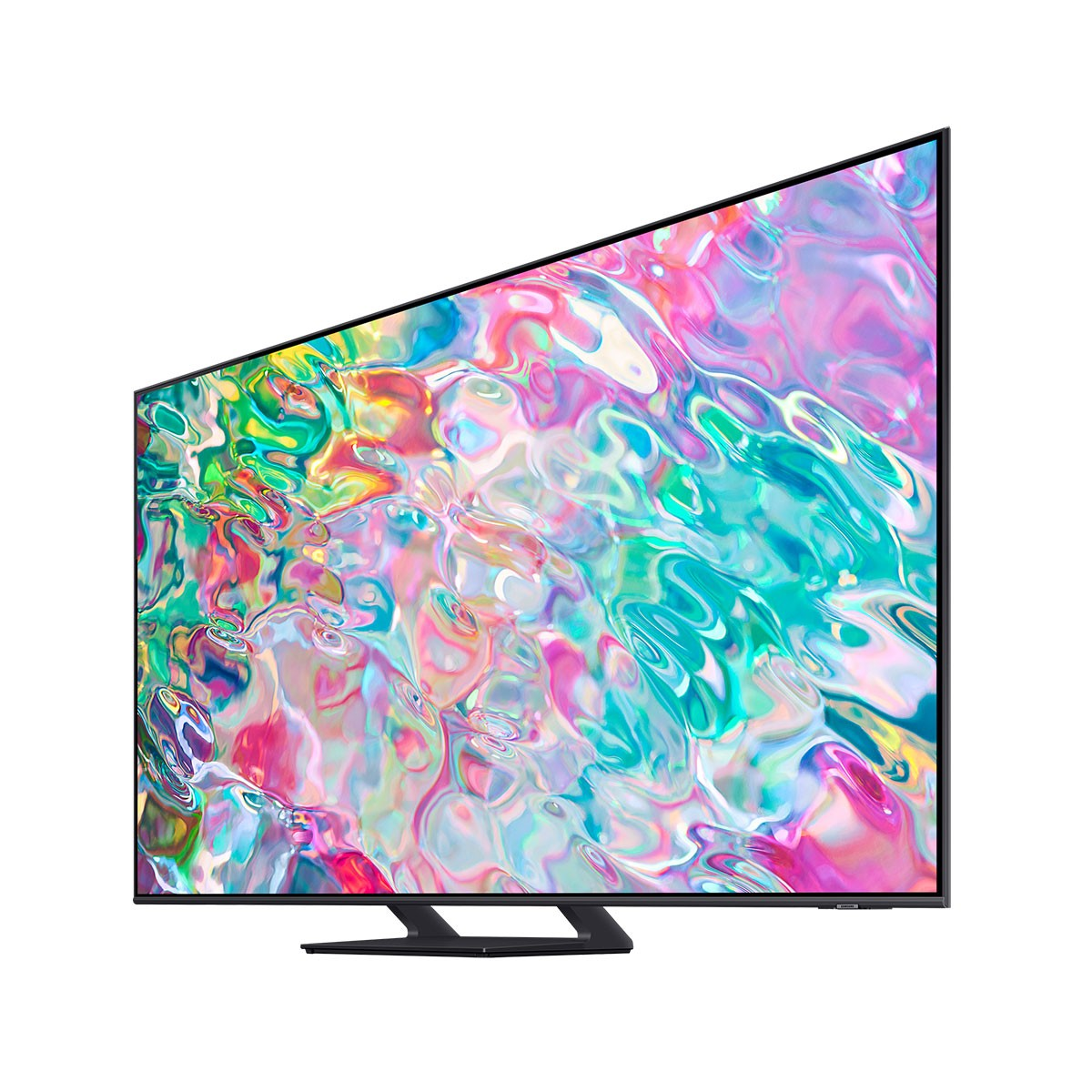 Duży telewizor z płaskim ekranem wyświetla kolorową sztukę abstrakcyjną. Ma czarną ramę i podstawkę.