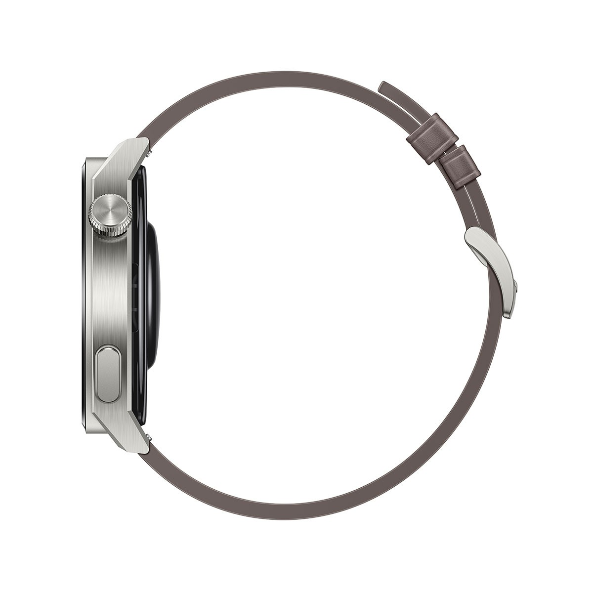 Eine silberne Smartwatch mit grauem Armband, von der Seite betrachtet, auf weißem Hintergrund.