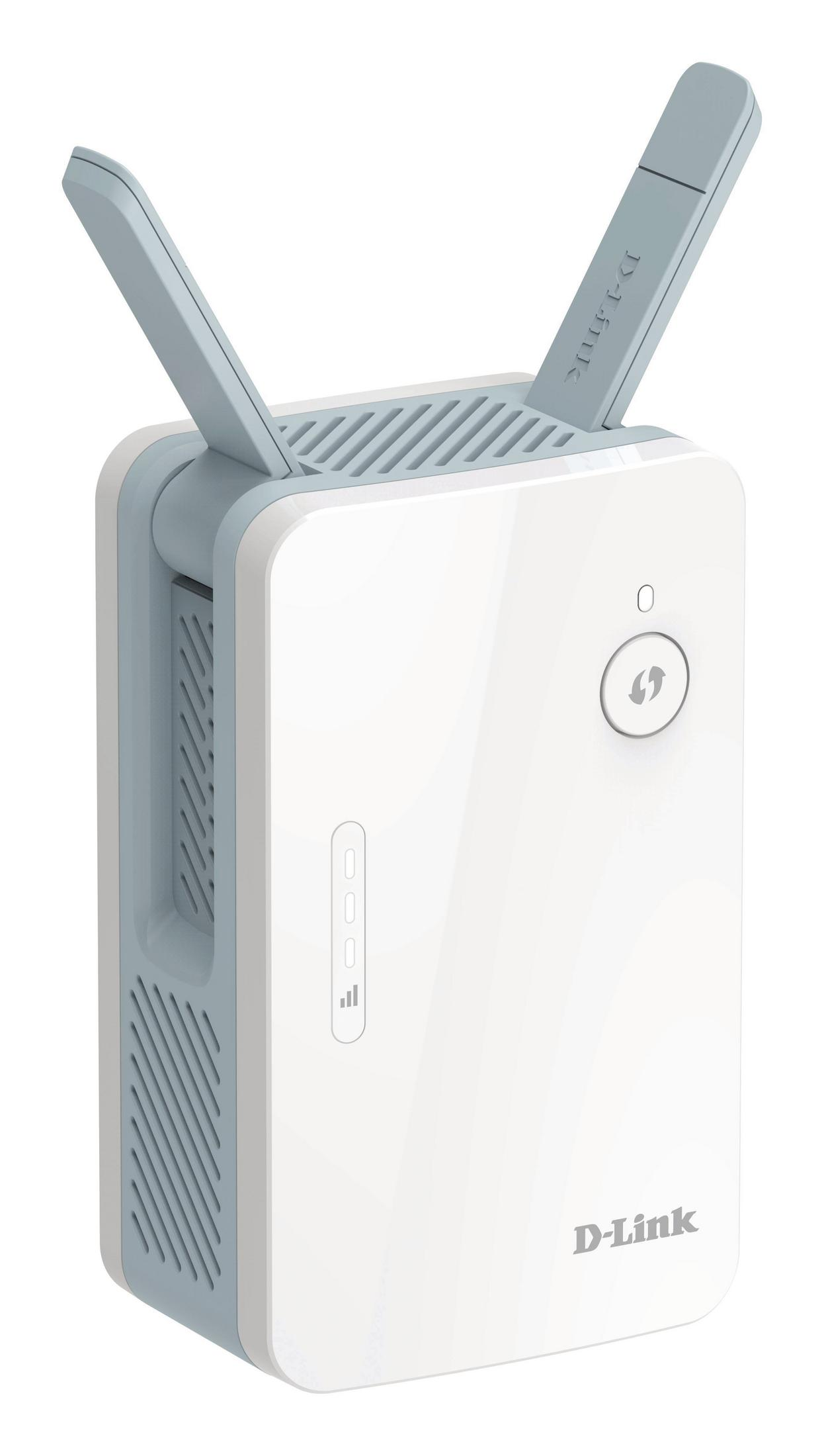 White and blue D-Link wifi extender with antennas.