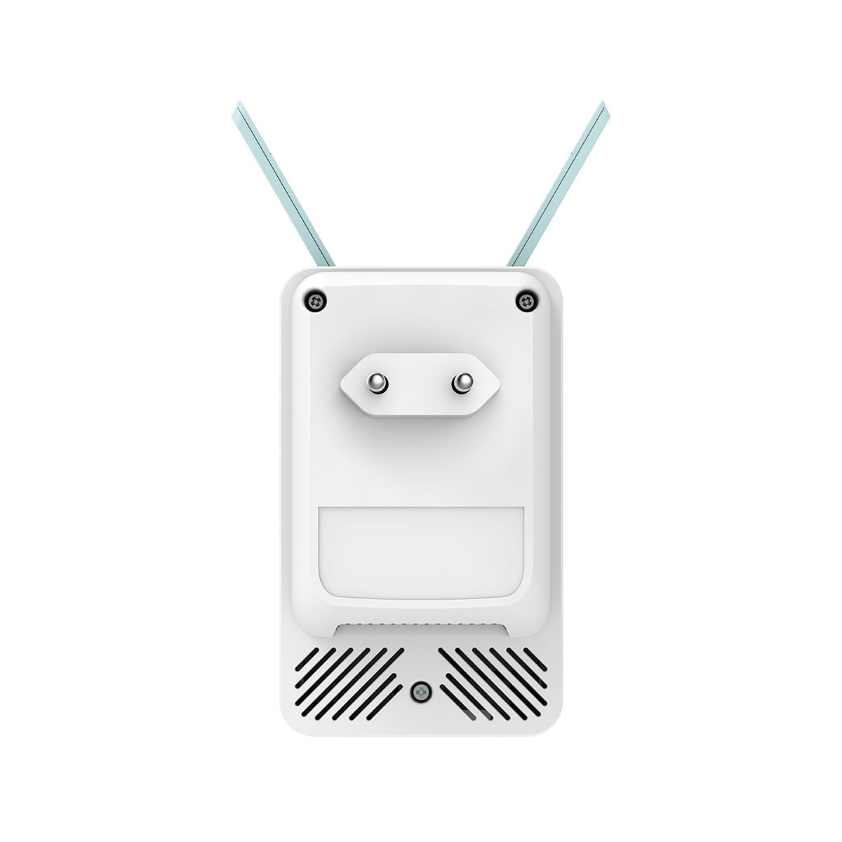 White power extender with two light blue antennas, and a plug. It has a grill on the bottom.