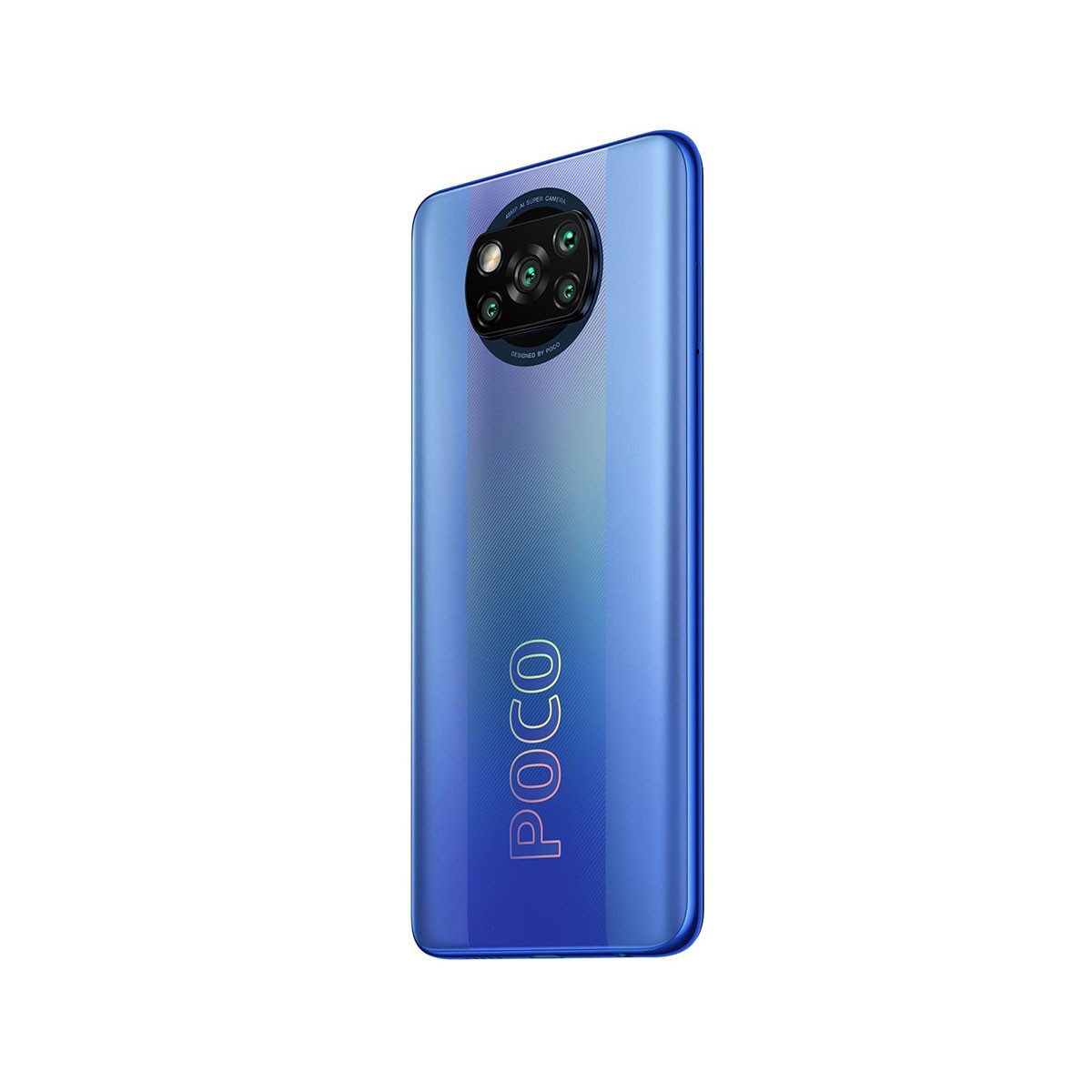 Niebieski telefon POCO na białym tle. Trzy kamery. 'POCO' na dole.