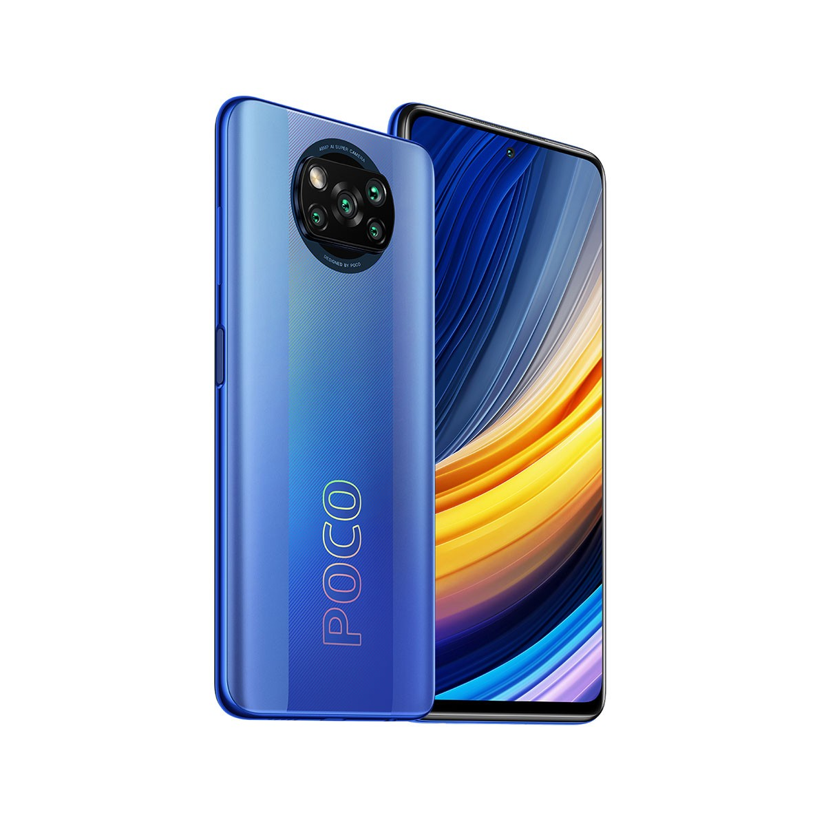 Niebieski telefon POCO z konfiguracją wielu kamer, widok z boku, na białym tle.