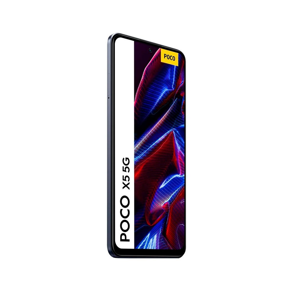 Poco X5 5G Smartphone, Seitenansicht. Das Telefon ist schwarz und hat das Poco-Logo an der Seite.