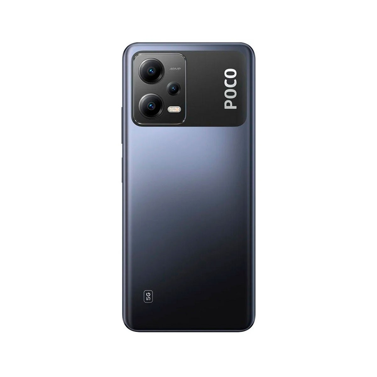 Schwarzes POCO-Smartphone, Rückansicht. Verfügt über eine Kameraanordnung und das POCO-Logo. Schwarzer Hintergrund.