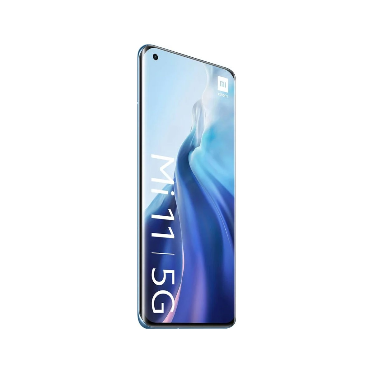 Niebieski telefon Xiaomi Mi 11 5G. Ekran ma niebieski gradient. Logo Xiaomi u góry.