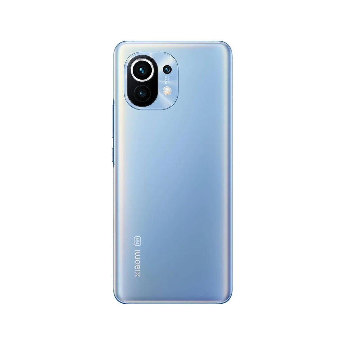 Jasnoniebieski telefon Xiaomi, widok z tyłu, pokazujący obiektywy aparatu i logo Xiaomi.