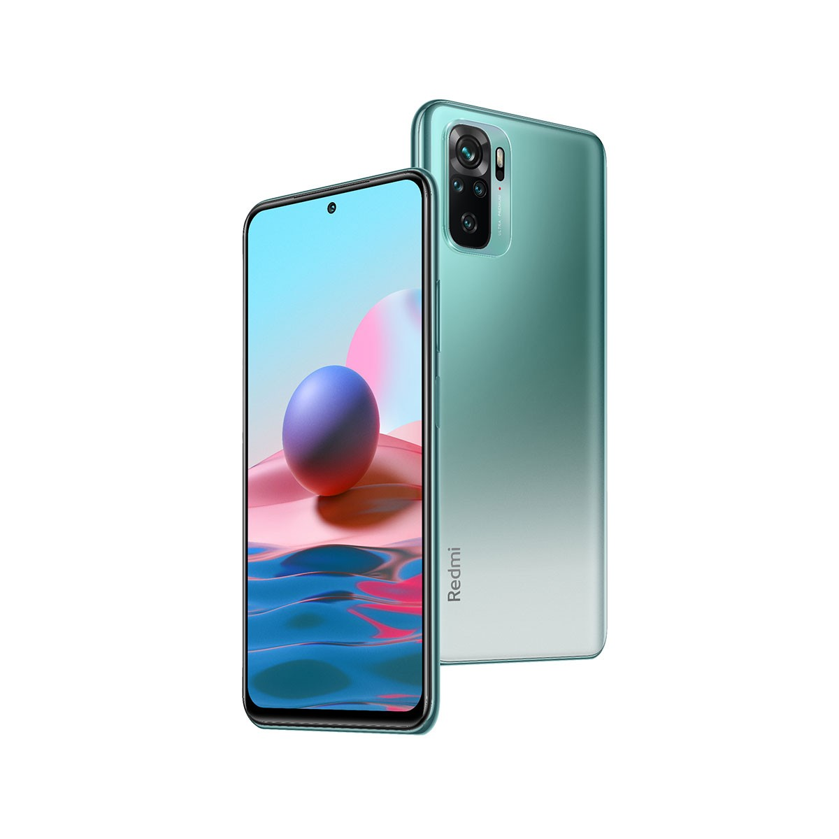 Grünes Smartphone mit zwei Kameras auf der Rückseite. Die Vorderseite zeigt ein farbenfrohes Bild.