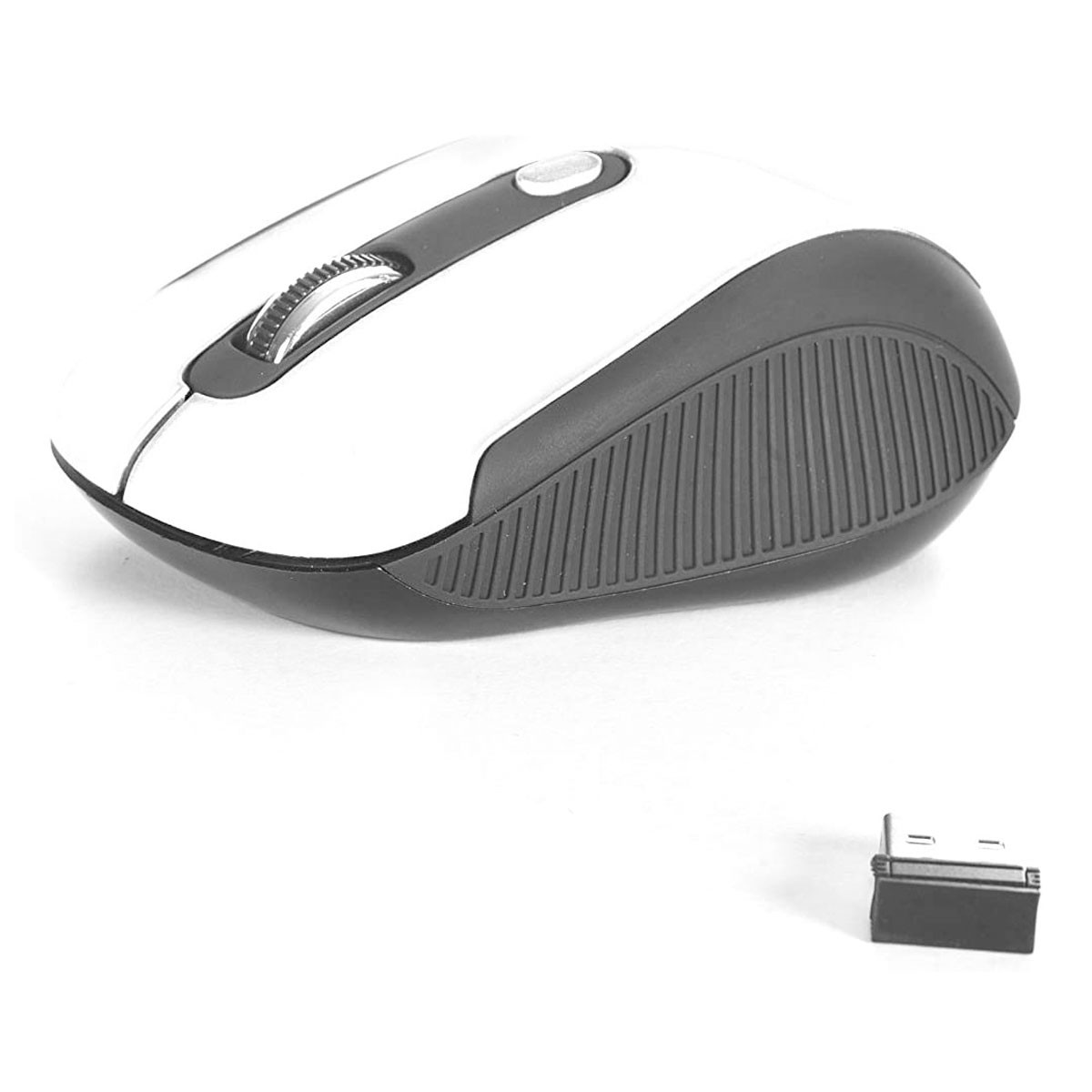 Kabellose Maus mit weißer Oberseite und schwarzen Seiten sowie einem USB-Empfänger.