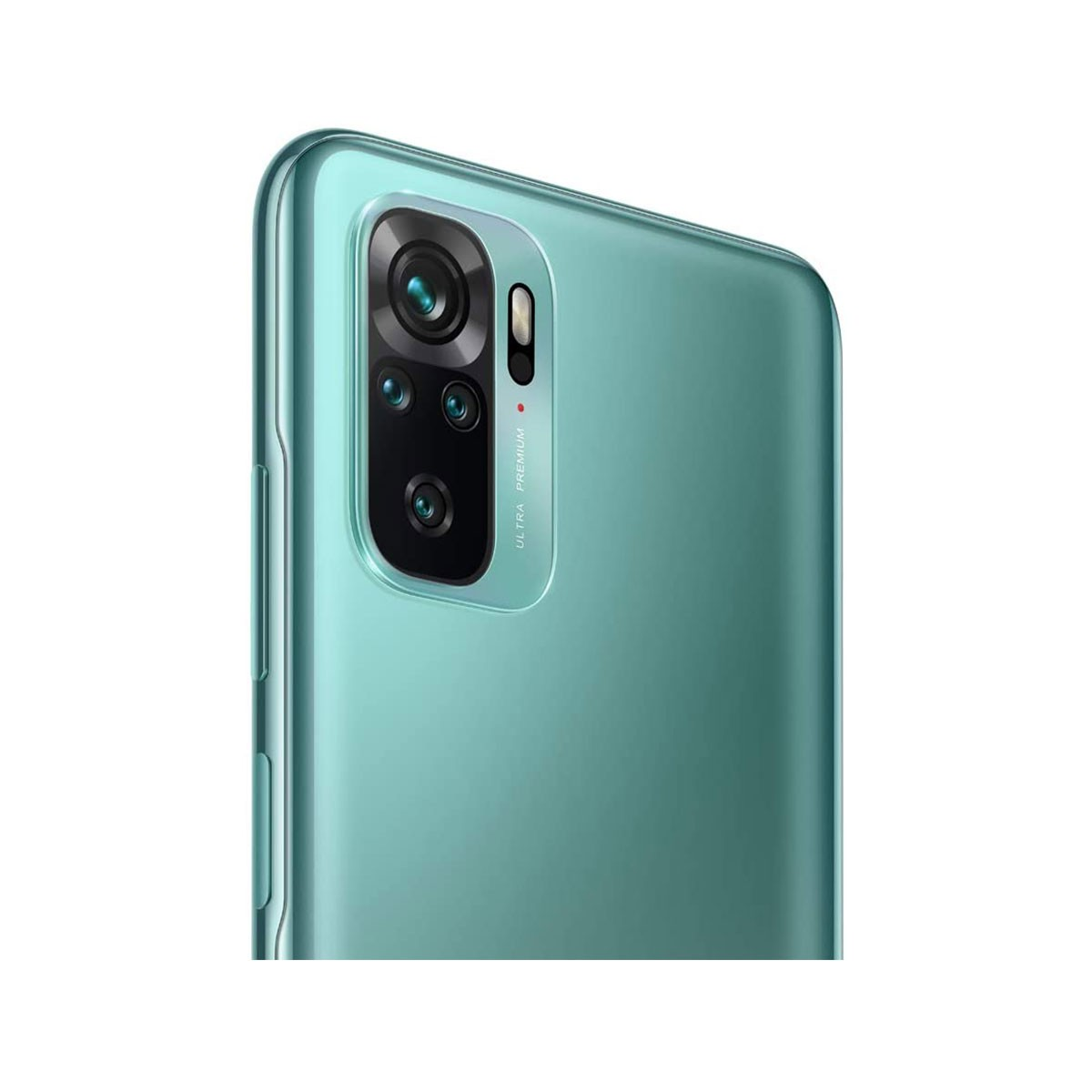 Rückseite eines grünen Smartphones mit Kameralinsen. Weißer Hintergrund.