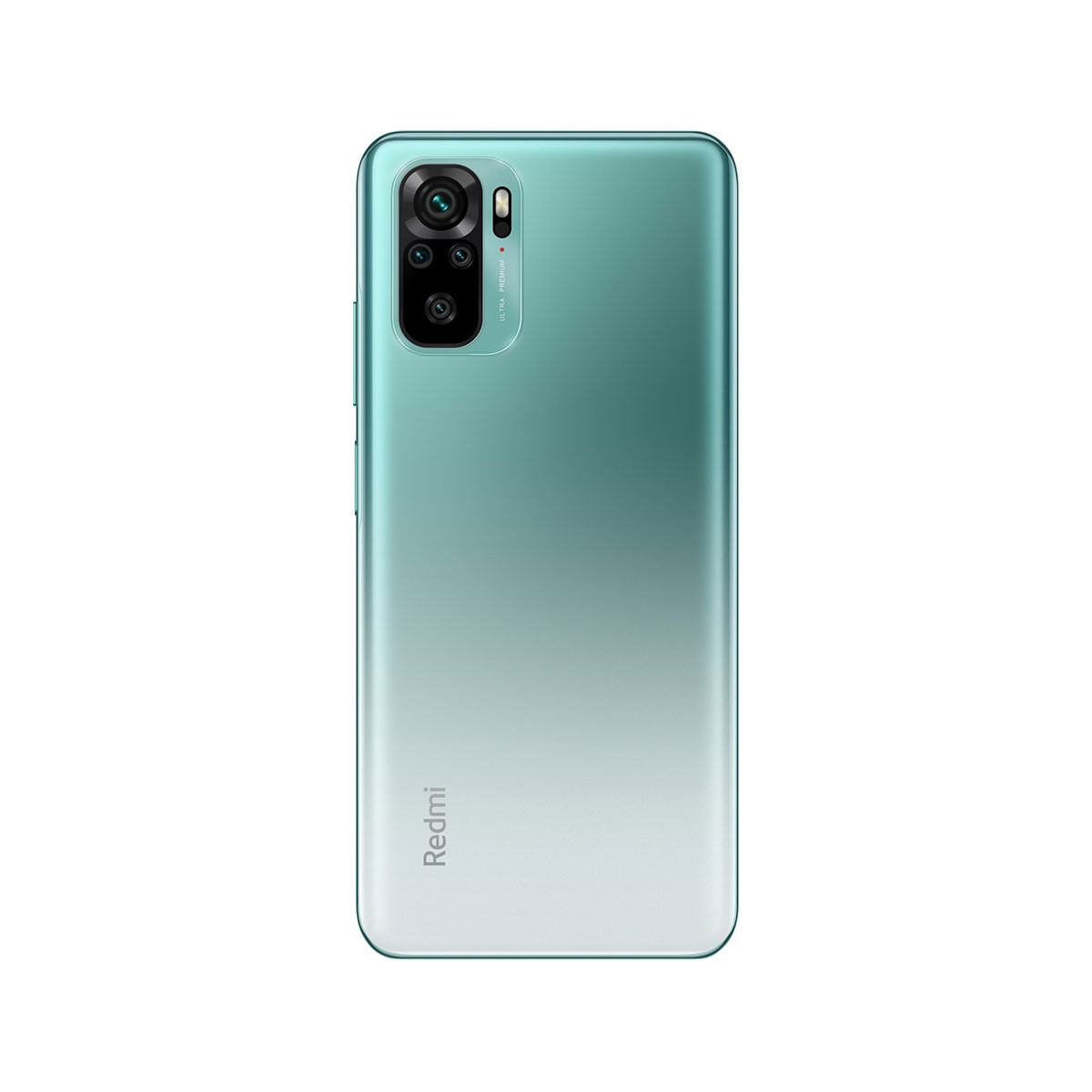 Die Rückseite eines türkisfarbenen Smartphones mit Dreifachkamera und dem Redmi-Logo.