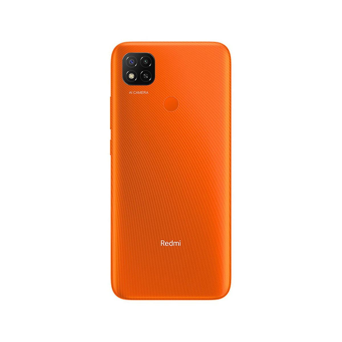 Rückseite eines orangefarbenen Telefons. Kamera oben links, mit Redmi-Logo unten.