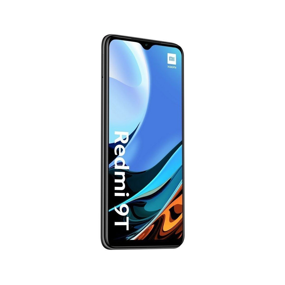 Czarny smartfon, wyświetlający niebiesko-pomarańczowy abstrakcyjny obraz, napis Redmi 9T.