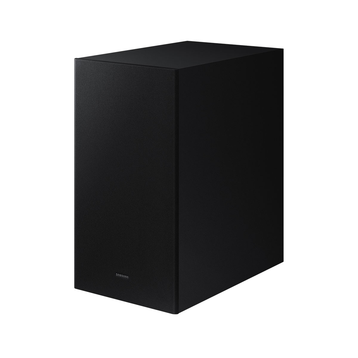 Subwoofer rectangular negro. Se ve el logo de Samsung.