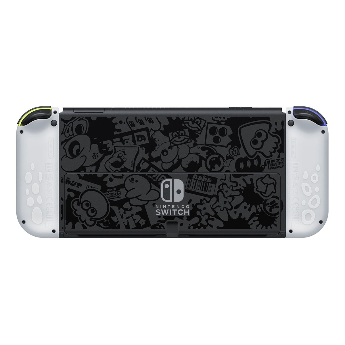 Nintendo Switch Konsole Rückseite mit schwarzem Tintendesign. Weiße Controller und das Nintendo Switch Logo.